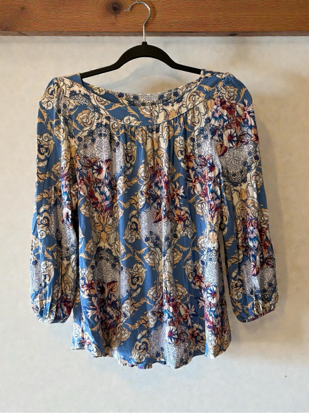 Blue with Tan/Cream/Burgundy/Pink Floral/Leaf Print Boat Neck Stretchy Top